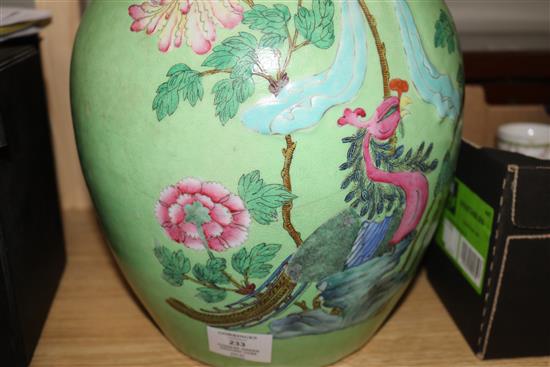 A large 19th century Chinese green ground double gourd phoenix vase, H 57.5cm (restored)